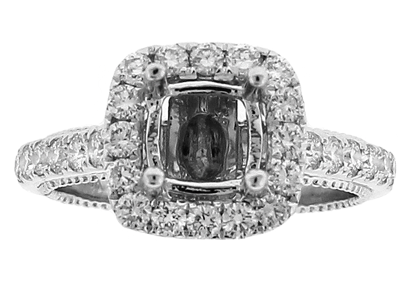 Semi Mount Square Halo Engagement Ring with Diamonds in 18k White Gold