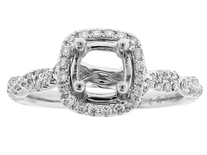 Semi Mount Square Halo Twist Shank Engagement Ring with Diamonds in 18k White Gold