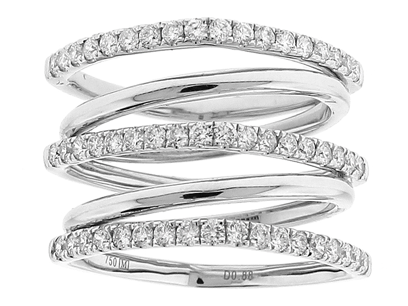 Spiral Design Cocktail Ring with Alternating Rows of Diamonds and 18k White Gold