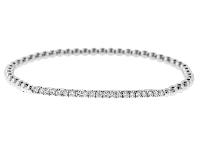 18k White Gold Beaded Bangle with Bar of Diamonds