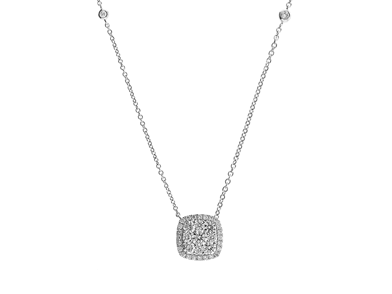 Square Diamond Cluster Necklace with Halo Design in 18k White Gold