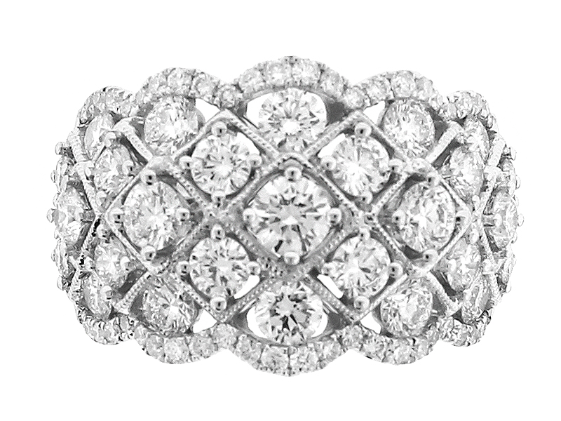 Openwork Cocktail Ring with a Pattern of Diamonds and Milgrain in 18k White Gold