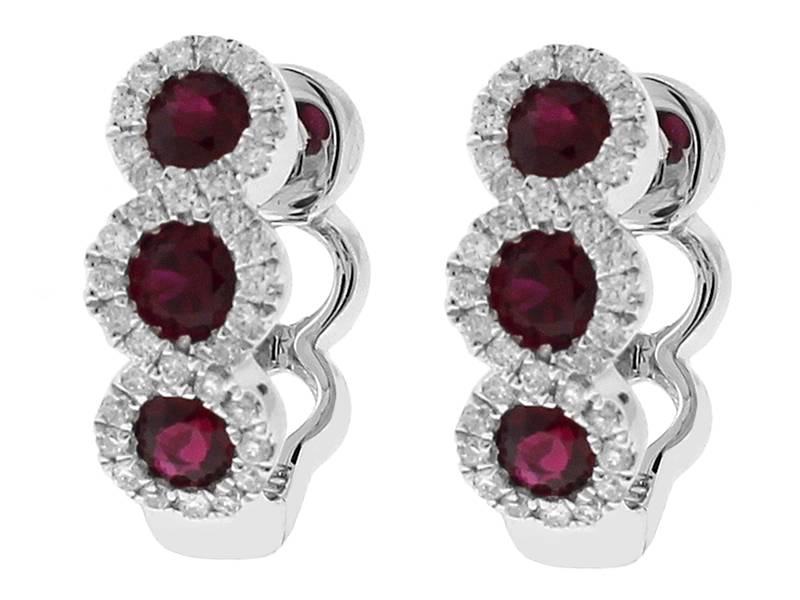 Three Tier Ruby Huggie Earrings with Crossover Halos of Diamonds in 18k White Gold
