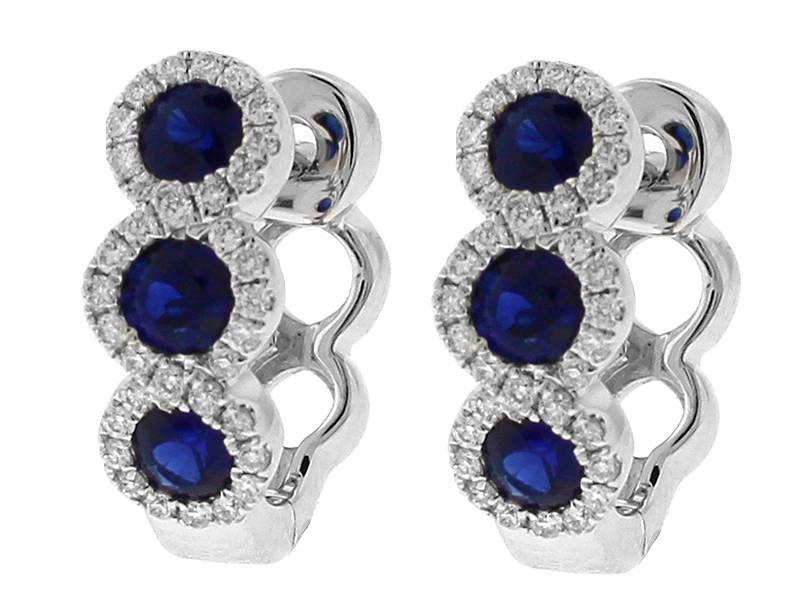 Three Tier Sapphire Huggie Earrings with Crossover Halos of Diamonds in 18k White Gold