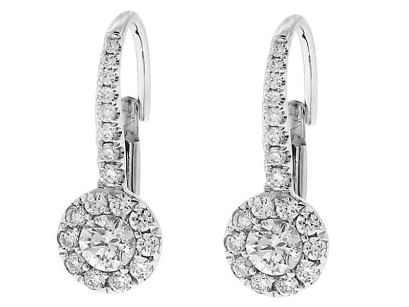 Halo Style Lever-Back Dangling Diamond Earrings in 18k White Gold