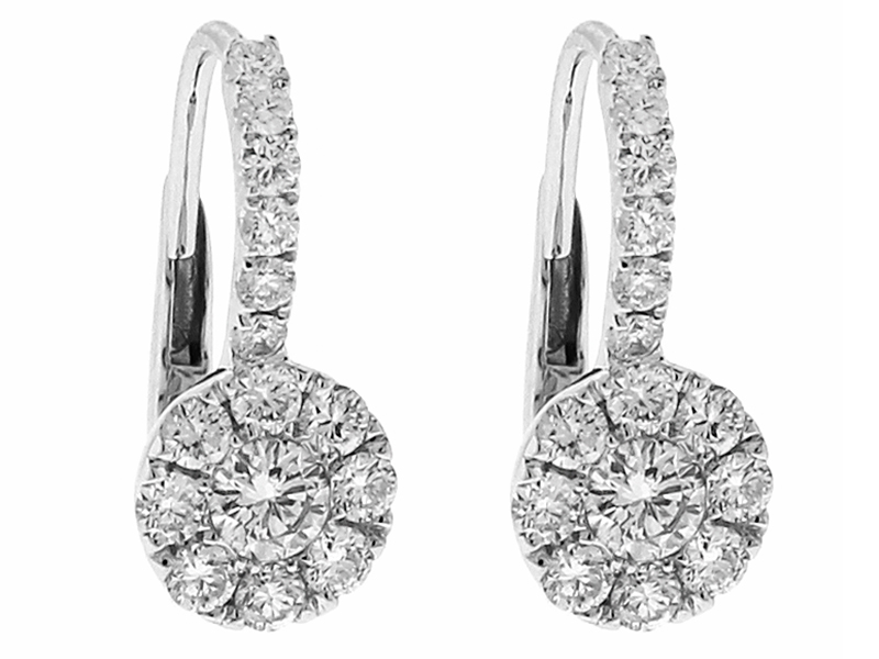 Halo Style Lever-Back Dangling Diamond Earrings in 18k White Gold