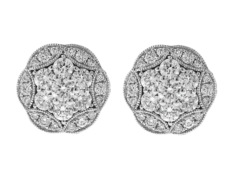 Separable Round Stud Earrings with Ornate Design of Diamonds and Milgrain in 18k White Gold (Wear Two Ways)