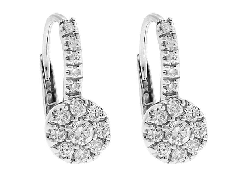 Halo Style Lever-Back Dangling Diamond Earrings in 18k White Gold