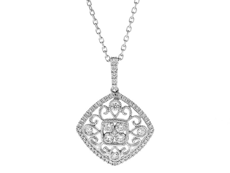 Diamond Shaped Pendant with Intricate Design of Diamonds and Filigree in 18k White Gold