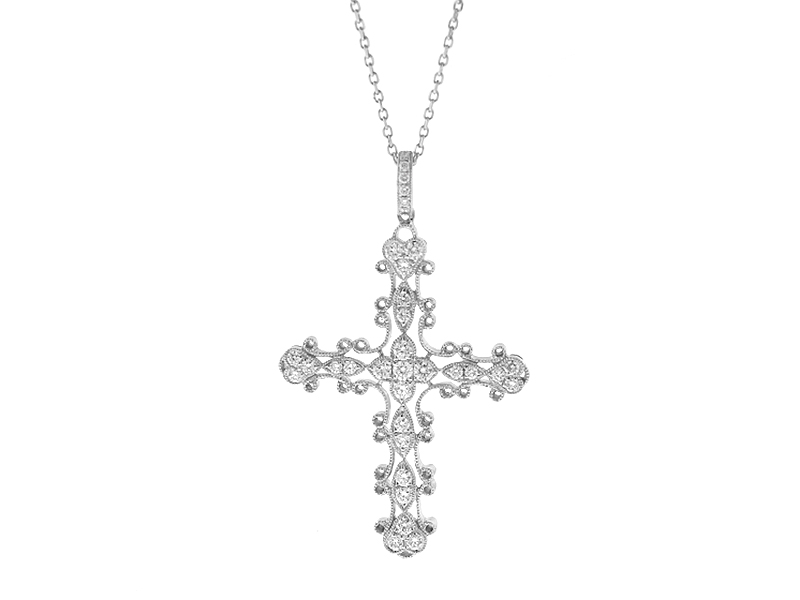 Intricate Filigree Cross Pendant with Diamonds in 18k White Gold