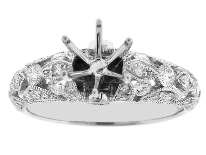 Semi Mount Milgrain Engraved Openwork Engagement Ring with Diamonds in 18k White Gold