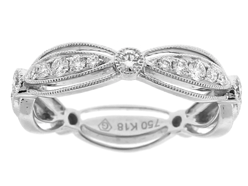 Curved Openwork Eternity Band with Graduating Diamonds Between Milgrain Design in 18k White Gold