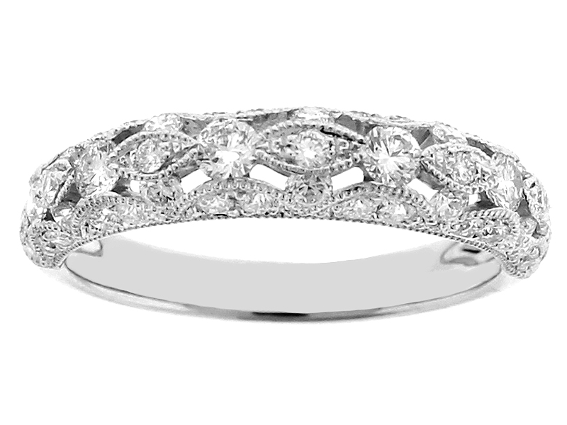 Openwork Wedding / Anniversary Band with Diamonds Between Milgrain Design in 18k White Gold