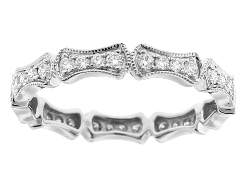 Curved Eternity Band with Diamonds Bordered by Milgrain Design in 18k White Gold