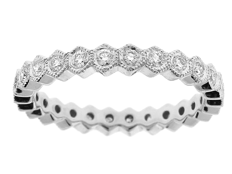 Milgrain-Engraved Diamond Eternity Band with Hexagon Pattern in 18k White Gold