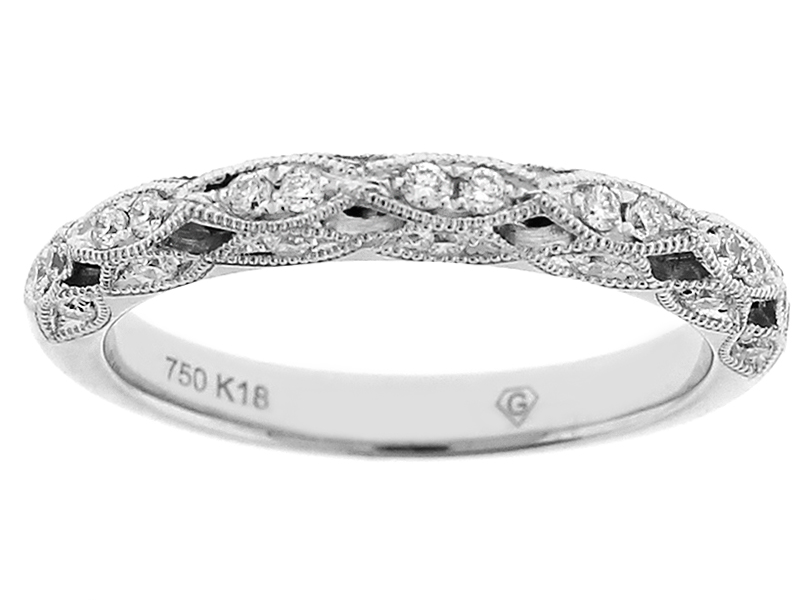 Interlaced Milgrain Engraved Wedding / Anniversary Band with Diamonds in 18k White Gold