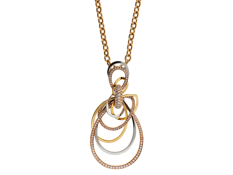 Diamond Drop Shaped Pendant with Interlocking Design in 18k White, Yellow, and Rose Gold