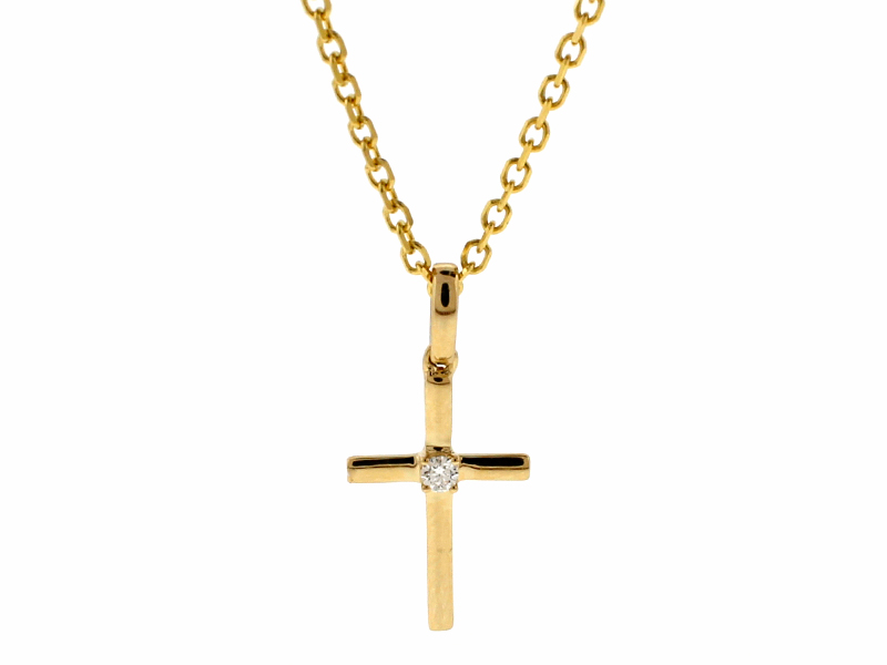 Solitaire Cross Pendant with a Center Diamond in 14k Yellow Gold