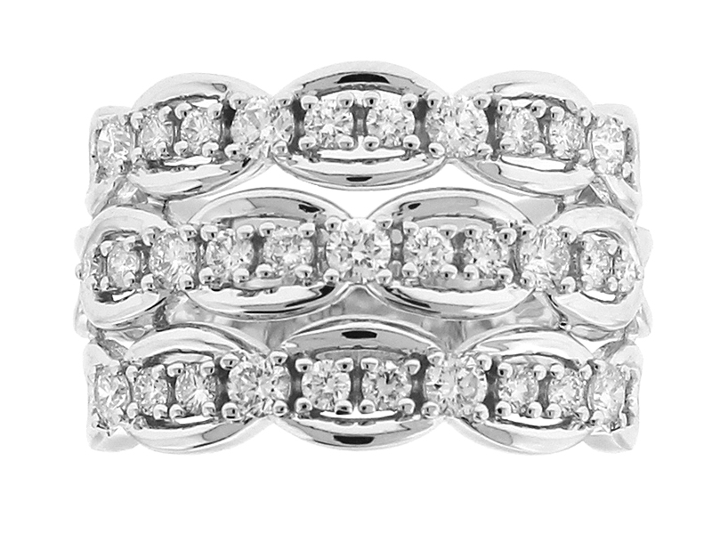 Triple Row Cocktail Ring with Link Design of Diamonds in 18k White Gold