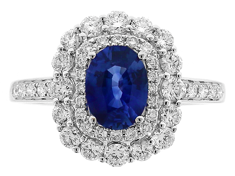 Double Halo Oval Sapphire Ring with Diamonds in 18k White Gold