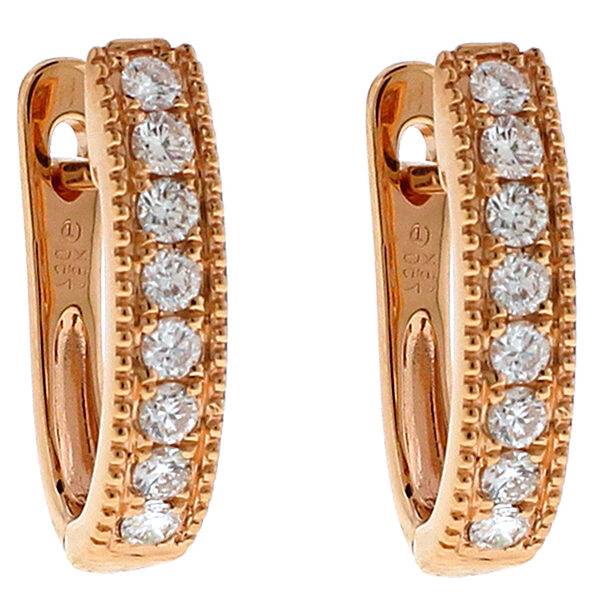 18k Rose Gold Huggie Earrings with Diamonds Between Milgrain Design