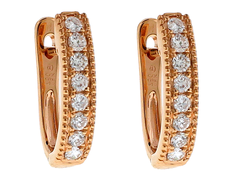 18k Rose Gold Huggie Earrings with Diamonds Between Milgrain Design