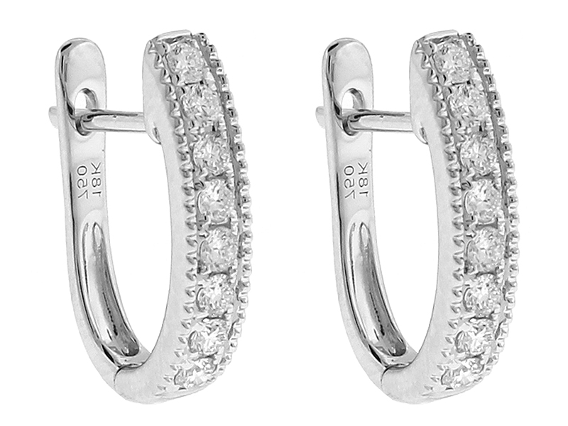18k White Gold Huggie Earrings with Diamonds Between Milgrain Design