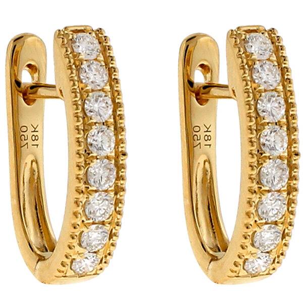 18k Yellow Gold Huggie Earrings with Diamonds Between Milgrain Design