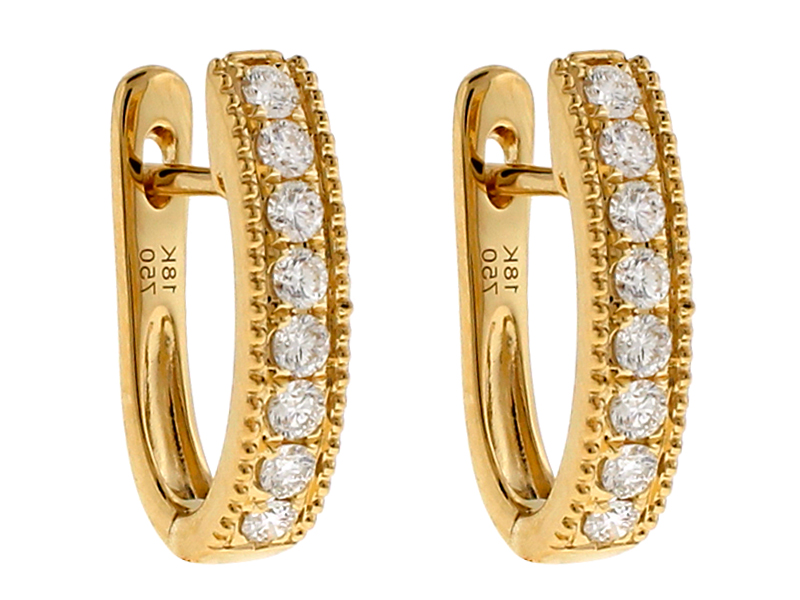 18k Yellow Gold Huggie Earrings with Diamonds Between Milgrain Design