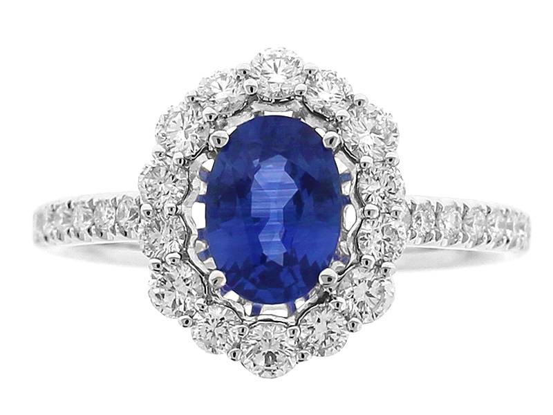 Oval Sapphire Ring with Halo of Diamonds in 18k White Gold