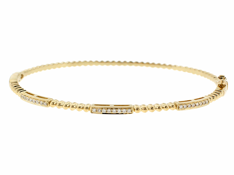 Beaded Bangle with Bar Design of Diamonds in 14kt Yellow Gold
