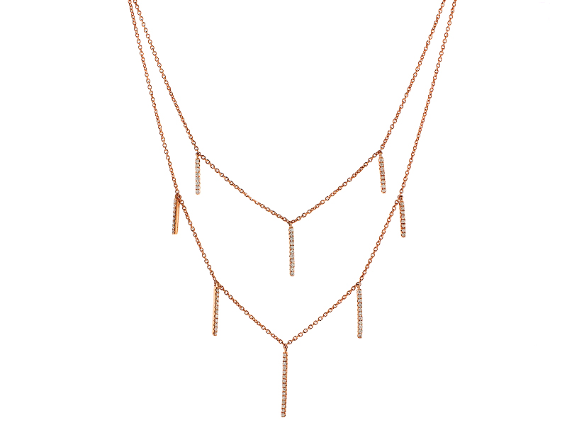 Double Layer Necklace with Vertical Bars of Diamonds in 14k Rose Gold