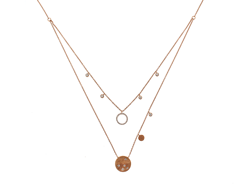 Double Layer Necklace with Burnish, Bezel, and Prong Set Diamonds in 14k Rose Gold