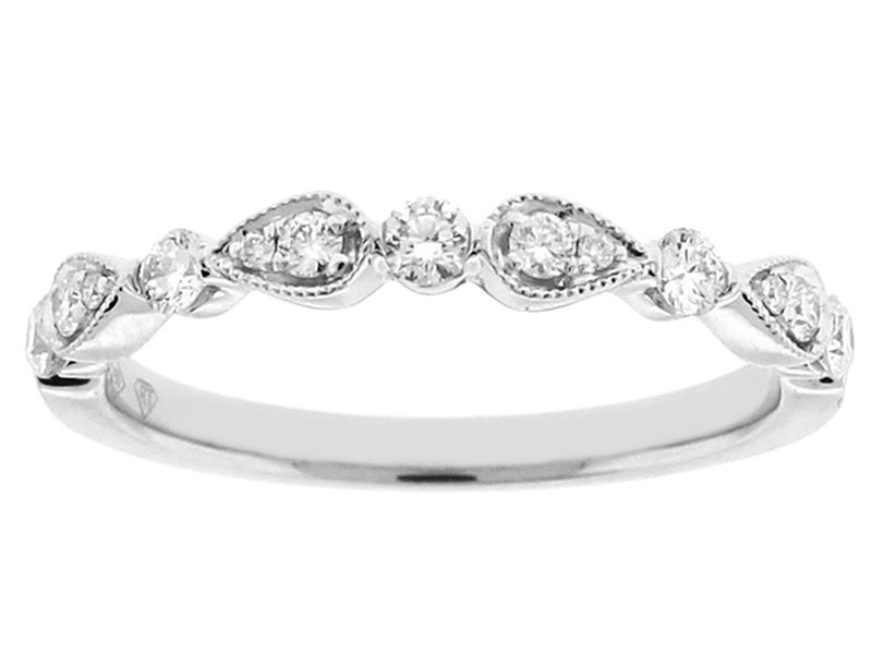 Diamond Milgrain Wedding Band / Stackable Ring in 18k White Gold - Pear and Round Design