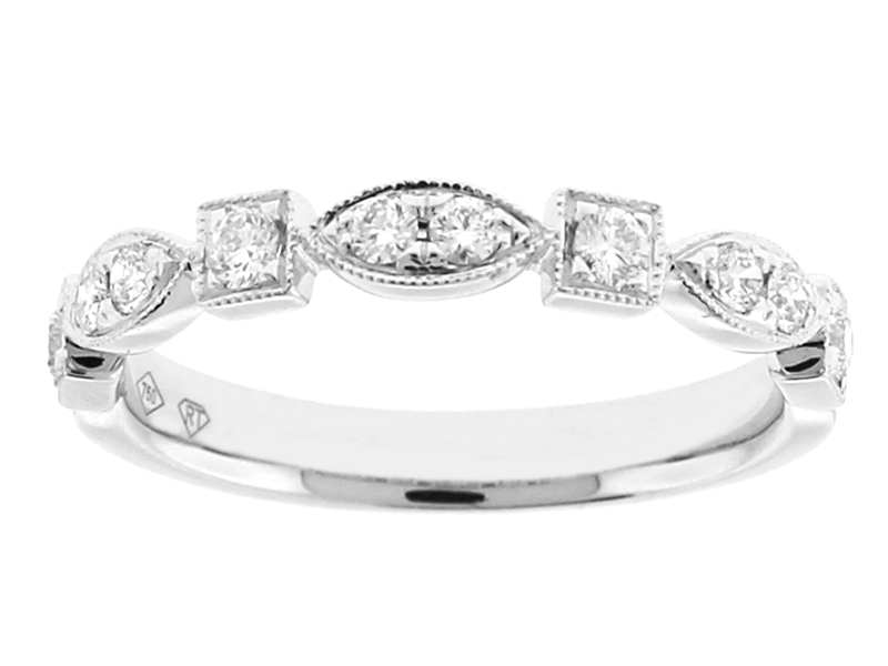 Diamond Milgrain Wedding Band / Stackable Ring in 18k White Gold - Marquise and Square Design