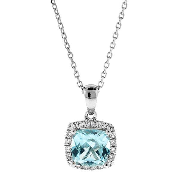 Genuine Cushion Shape Aquamarine Pendant with Diamond Halo in 18kt White Gold