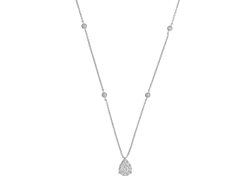 Diamond Drop Shape Cluster Necklace with Bezel Set Diamonds on Chain in 18kt White Gold