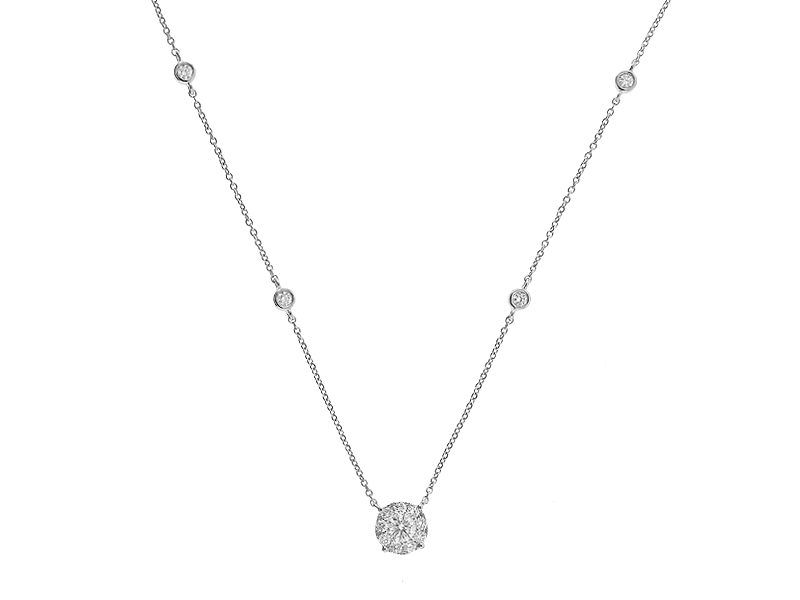 Diamond Cluster Necklace with Bezel Set Diamonds on Chain in 18kt White Gold