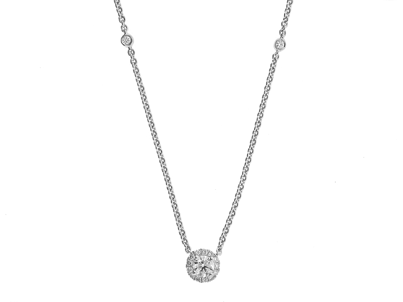 Diamond Solitaire Necklace with Halo and Diamonds on Chain in 18kt White Gold