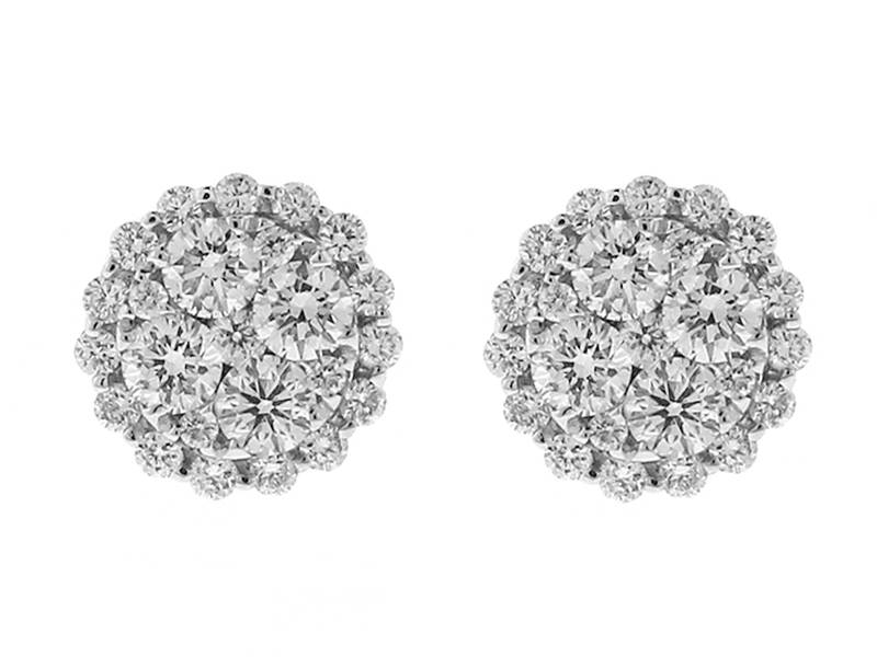 Round Cluster Studs / Diamond Earrings - 18k White Gold Jewelry
