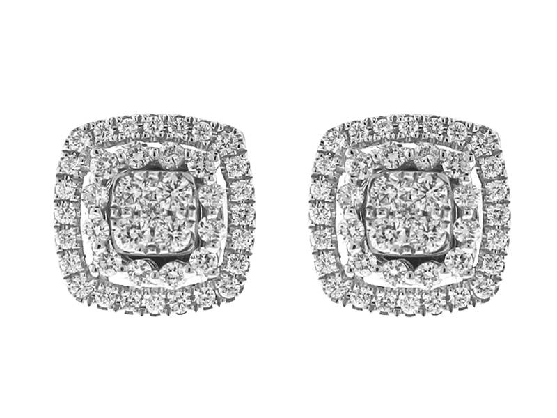 Square Diamond Cluster Studs - Convertible Dangling Earrings - Halo Style - 18k White Gold Jewelry