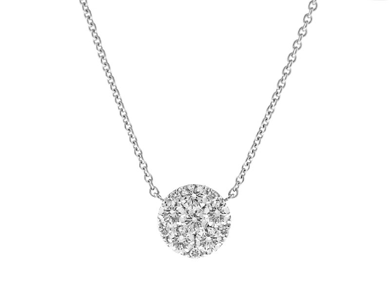Diamond Necklace / Round Cluster Pendant - 18k White Gold Jewelry