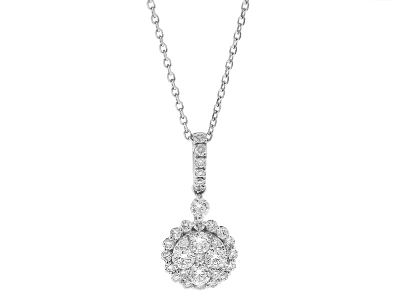 Diamond Cluster Pendant / Necklace - Round - 18k White Gold Jewelry