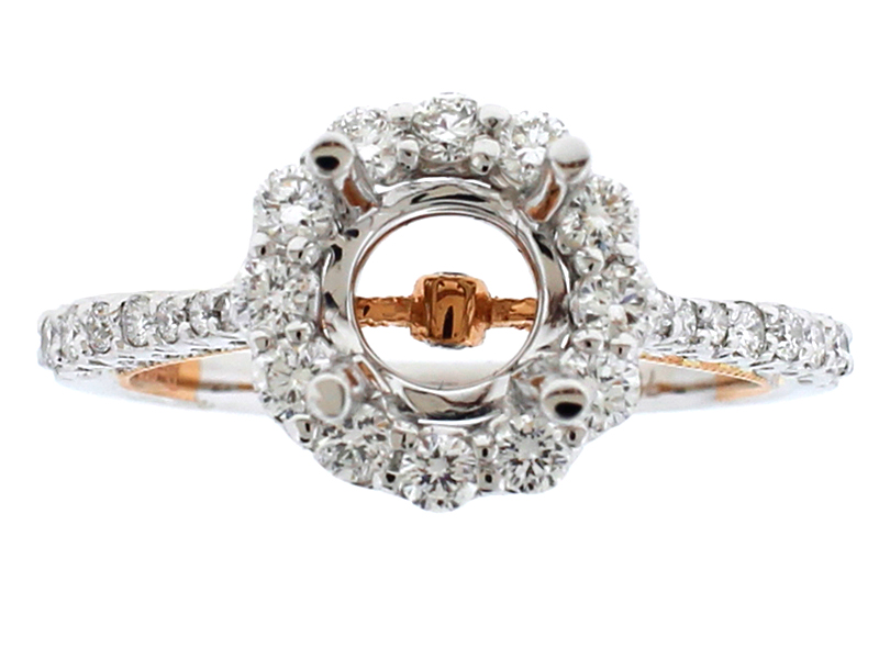Two Tone Diamond Engagement Ring - 18k White and Rose Gold - Round Halo - Semi Mount
