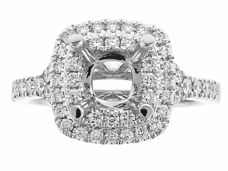 Square Double Halo Diamond Engagement Ring - 18k White Gold - Semi-Mount
