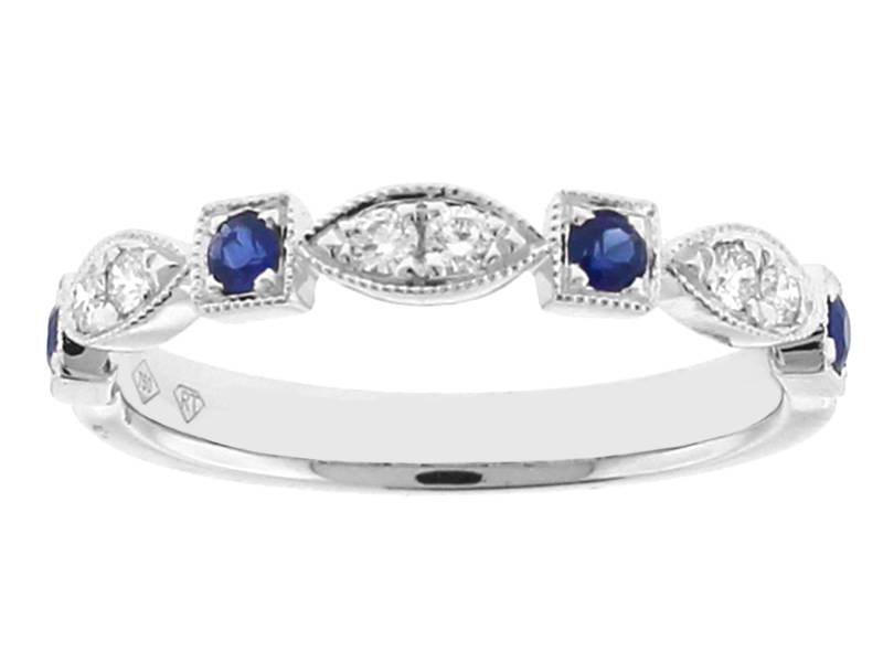 Sapphire & Diamond Band - 18k White Gold Milgrain Ring - Vintage Inspired