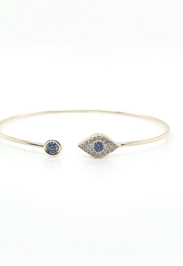 Ladies Yellow Gold Evil Eye Wire Bangle with Diamonds