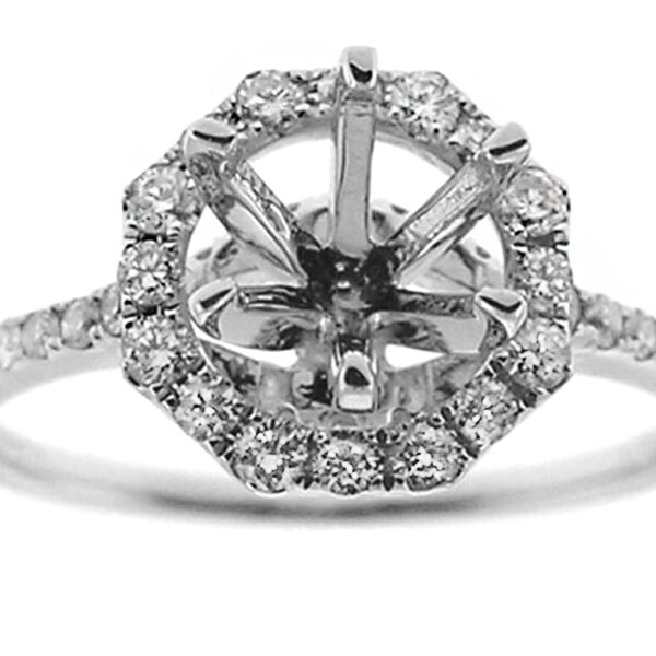 Semi Mount Engagement Ring with Octagon Shaped Halo and Diamonds in 18k White Gold