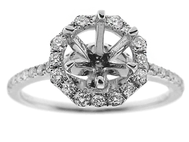 Semi Mount Engagement Ring with Octagon Shaped Halo and Diamonds in 18k White Gold