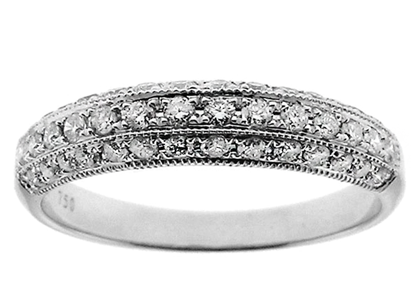 Triple Side Band with Diamonds Bordered by Milgrain in 18k White Gold